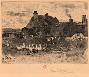 Félix Hilaire Buhot (French, 1847 - 1898). Ducks and Cottage, 19th century. Etching.