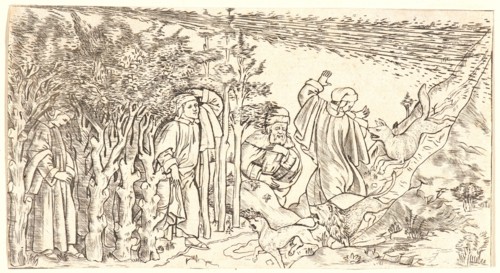 Anonymous (Italian). Divine Comedy: Dante Lost in the Wood, Escaping and Meeting Virgil, 1481.
