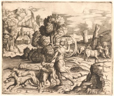 Vincenzo Caccianemici (Italian, died 1542). Diana with Hounds, ca. 1530-1550. Engraving. Plate: 260