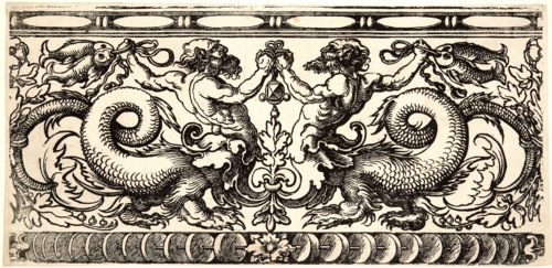 Hans Sebald Beham (German, 1500 - 1550). Frieze with Two Tritons, 16th century. Woodcut.