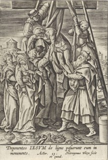Deposition, print maker: Hieronymus Wierix, Maerten de Vos, Hieronymus Wierix, 1563 - before 1619