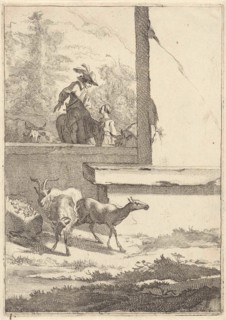 Goats and one rider at a wall, Jan de Visscher, Nicolaes Pietersz. Berchem, 1643 - 1692