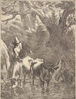 Shepherd drives two oxen by a stream, Jan de Visscher, Nicolaes Pietersz. Berchem, 1643 - 1692