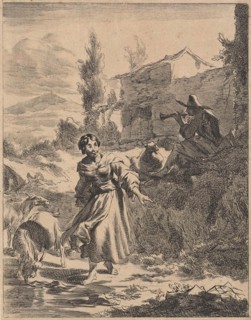 In a hilly landscape is a shepherd playing the flute while a shepherdess lets her goats drink from