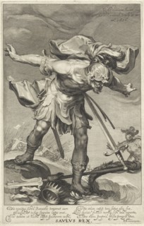 King Saul throws himself on his sword, William Isaacsz. of Swanenburg, Petrus Scriverius, 1611