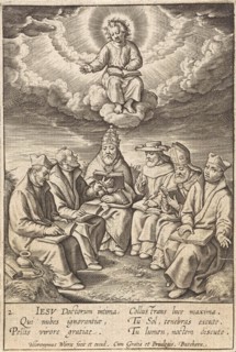 Adoration of the Christ Child by clergy, Hieronymus Wierix, 1563 - before 1619