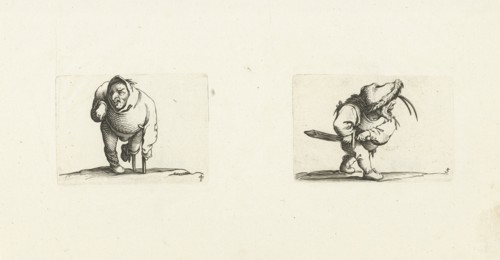 Dwarf, from the front, leaning on a crutch, a hood or large collar on the head, right arm raised