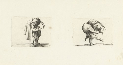 Grotesque figure with hurdy-gurdy; Dwarf with grill and sword, Jacques Callot, Abraham Bosse, 1621
