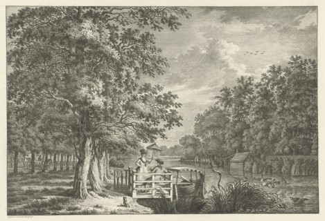 Landscape with a couple on the bank of the river Gein, The Netherlands, print maker: Jan Evert