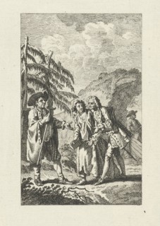 Meeting between a man and a couple in the outdoors, the man holds a stick and gestures with his
