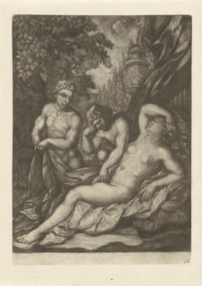 Two Satyrs near a sleeping nymph, print maker: Jan van Somer