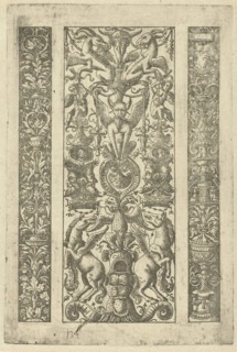 Candelabrum with vines, a candelabrum with grotesques, a rearing horse, print maker: Lambert Hopfer