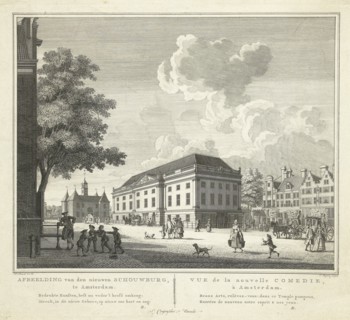 View of the square for the new theater, nieuwe Schouwburg in Amsterdam, The Netherlands, Cornelis
