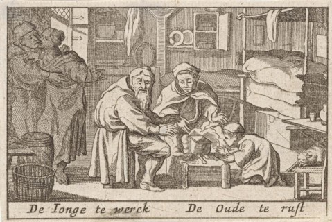 Old men warm their hands over a fire, Pieter Hendricksz. Schut, Claes Jansz. Visscher (II), 1628 -