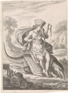 Female personification of America as a woman with headdress of feathers and bows, sitting on a