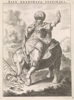 Female personification of Asia represented as a woman with turban sitting on an elephant, Cornelis