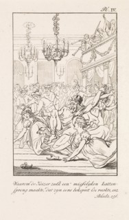 Man with the appearance of the devil in a ballroom, Daniel Veelwaard I, Jacob Smies, Francois Bohn,