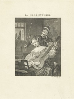 Woman plays guitar and is a model for artist, Johannes Christiaan Bendorp, Johannes Immerzeel, 1776