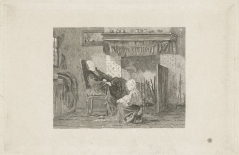 Old woman in front of a fire, Johann Heinrich Maria Hubert Rennefeld, Joseph Israels, 1845-1877