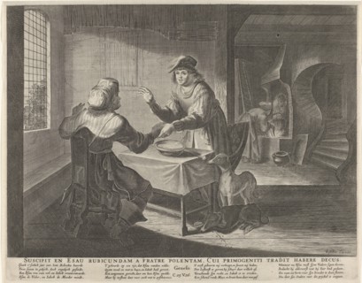 Esau sells his birthright to Jacob, print maker: Anonymous, Claes Jansz. Visscher II, Nicolaes