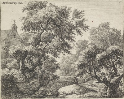 Peddler on a forest path, Anthonie Waterloo, 1630-1663