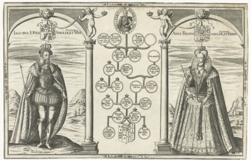 Portraits of James I, King of England and his wife Anne of Denmark standing on either side of