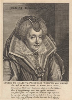 Portrait of Louise de Coligny, Fourth wife of William I of Orange. She wears a high collar, Jan de