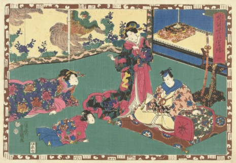 Standing woman and man sitting on pillow, in the background a screen with painting of a phoenix,