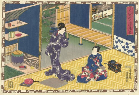 Man sitting with bowl in hand, looking at woman in purple kimono standing in closet, Japanese