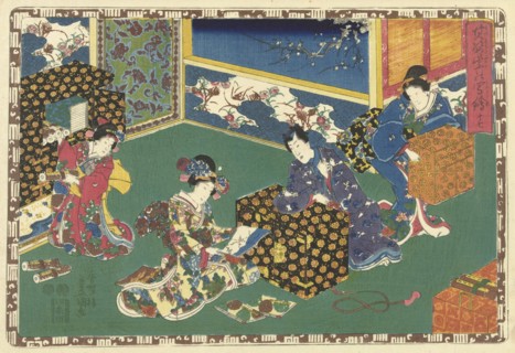 Prince Genji leaning over a low cabinet and looking at a woman with an album in her hands, Japanese