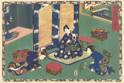 Prince Genji sitting on a rug in a room, Japanese print, Kunisada (I), Utagawa, Kinugasa Fusajiro,