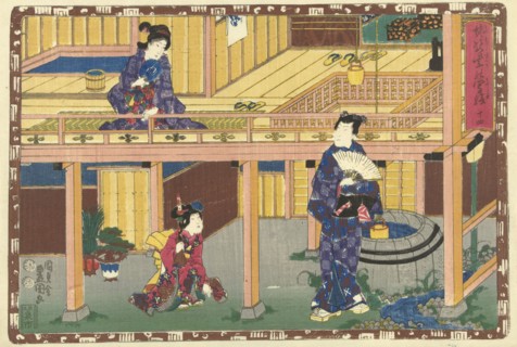 Prince Genji with fan standing at a well, looking at a woman sitting on veranda of first floor; a