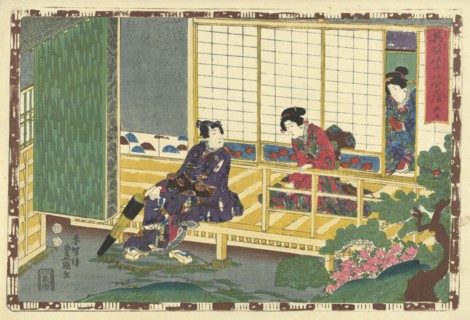 Man sitting on porch, pulling up his shoes, looking at woman in pink kimono with pattern of irises;