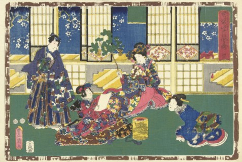 Prince Genji, an elegantly dressed woman and a maid, Japanese print, Kunisada (I), Utagawa,