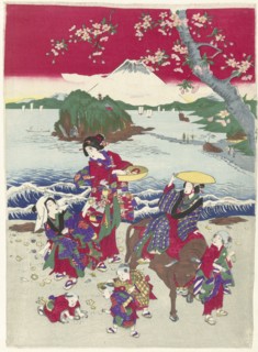 Searching for shells on the beach, Japanese print, Anonymous, c. 1850 - c. 1900