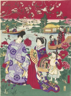 A walk along a pond, Japanese print, Anonymous, 1850 - 1900