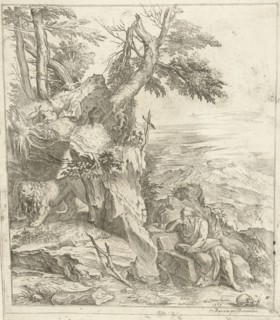 Landscape in which Hieronymus is reading, Cornelis Cort, Remondini (18de eeuw), c. 1650 - c. 1799