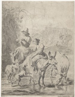 Shepherdess on donkey and shepherd on horseback crossing creek, Nicolaes Pietersz. Berchem, print
