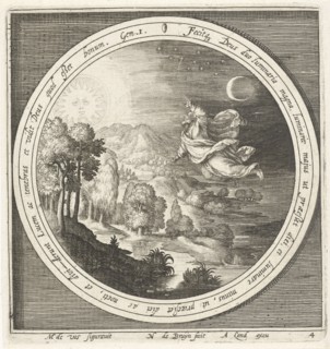Fourth day of creation, God creates the sun, moon and stars, Nicolaes de Bruyn, Assuerus van