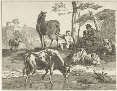 Herd of cattle in hilly landscape, Jan Matthias Cok, 1735-1771