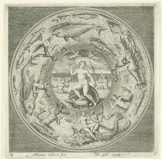 Dish with sea goddess Galatea? Adriaen Collaert, 1580-1618, print maker: Adriaen Collaert, Philips