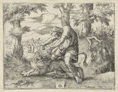 Samson kills the lion, Cornelis Massijs, 1549