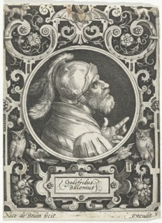 Portrait of Godfrey of Bouillon in medallion inside rectangular frame with ornaments, Nicolaes de
