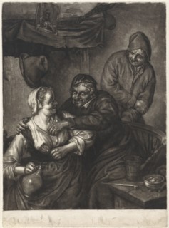 Tavern scene with three figures with a fireplace, Pieter Schenk I, Adriaen van Ostade, 1670-1713