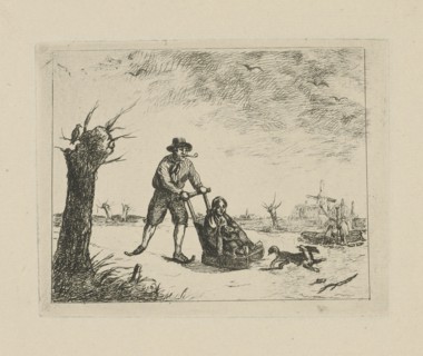 Winter landscape with skater, in the background are two men in a boat and a windmill, David van der