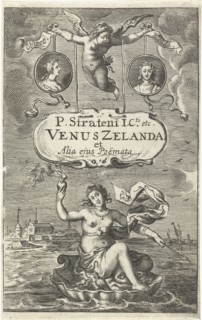 Venus on a shell with burning heart and arrow, floating off the coast of Zeeland, topped by two