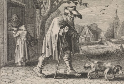 Blind man led by a dog, woman before the door of her house, she buys something from a market stall,