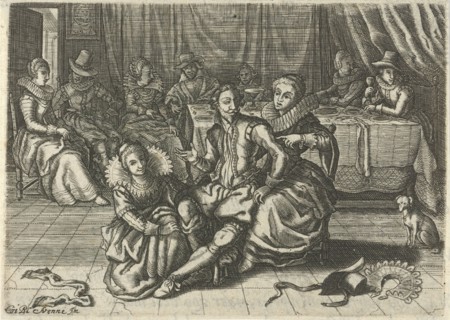 Interior in which two women of easy virtue undress a man, print maker: Christiaan Le Blon