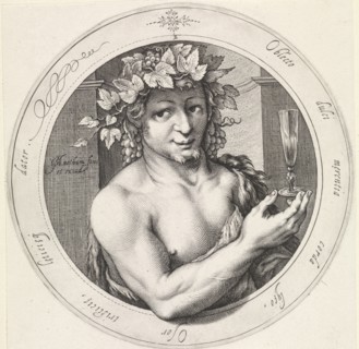 Bacchus with glass, Jacob Matham, 1599 - 1600