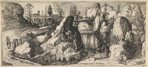 Rocky landscape with a waterfall, Henry le Roy, 1614-1618